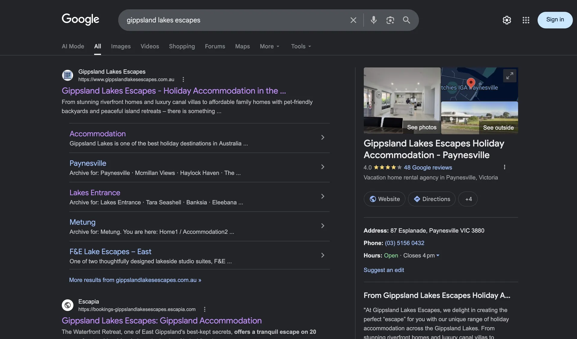 Gippsland Lakes Escapes ranking on Google after SEO work
